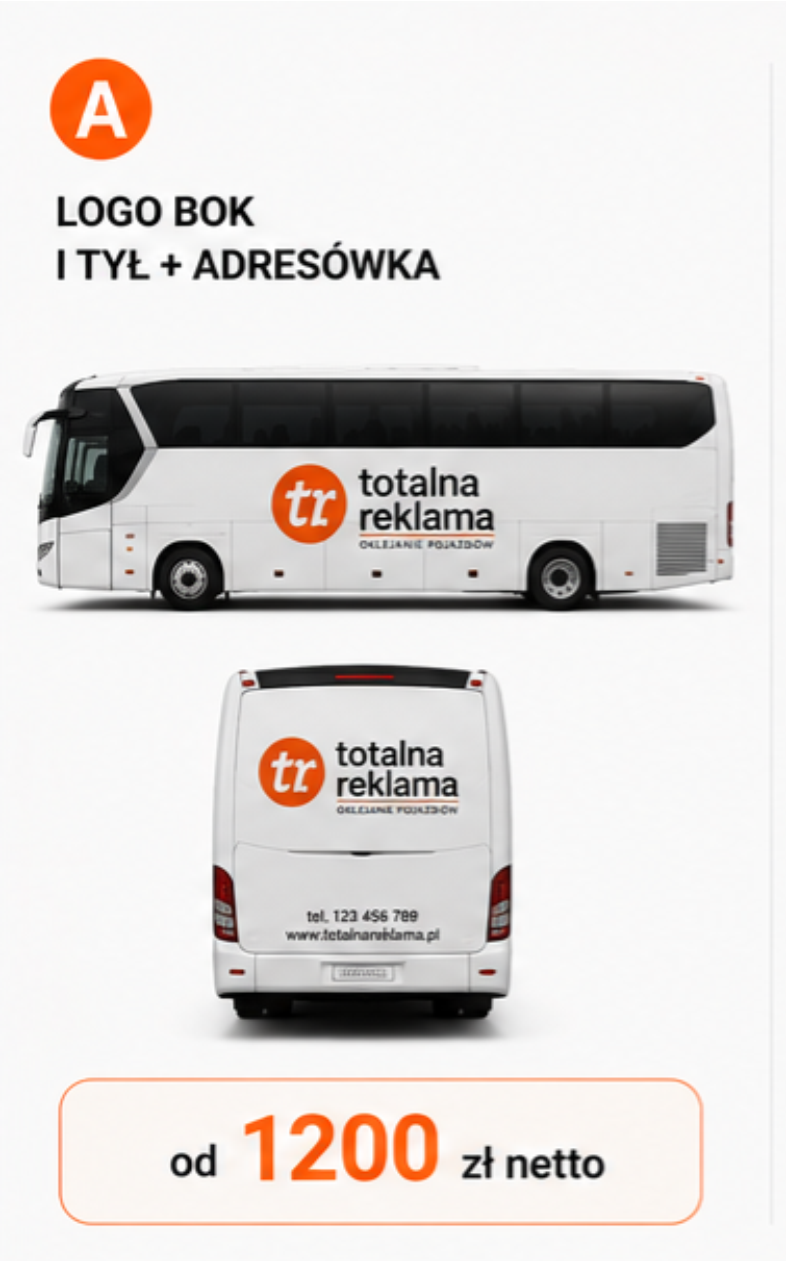Oklejanie autokarów – wariant A Oklejanie autokaru wariant A – logo na boku i tyle oraz adresówka