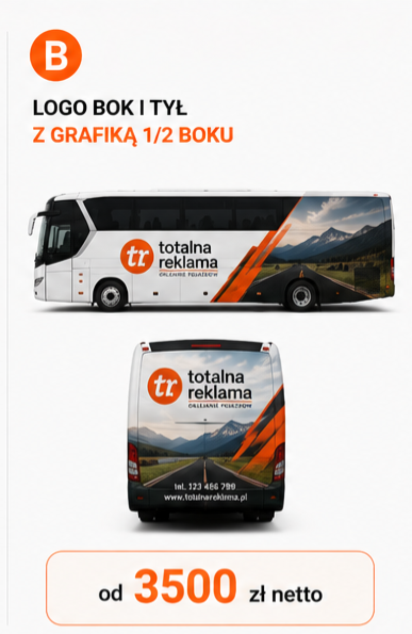 Oklejanie autokarów – wariant B Oklejanie autokaru wariant B – logo i grafika do połowy boku