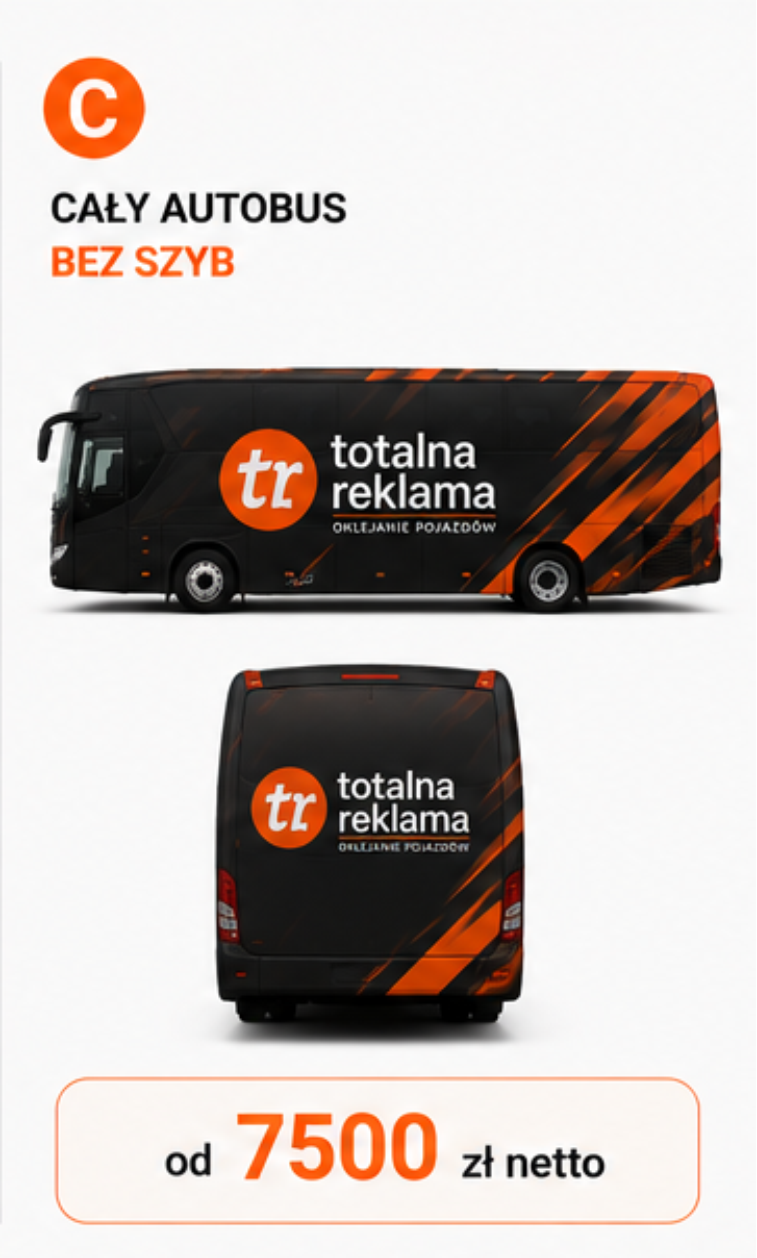 Oklejanie autokarów – wariant C Oklejanie autokaru wariant C – pełne oklejenie bez szyb