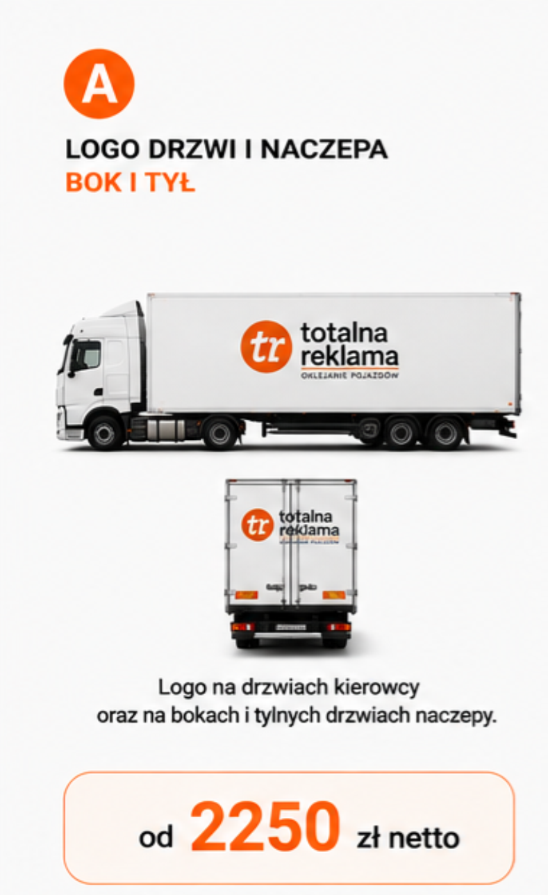 Oklejanie TIR wariant A – logo na sztywnej naczepie