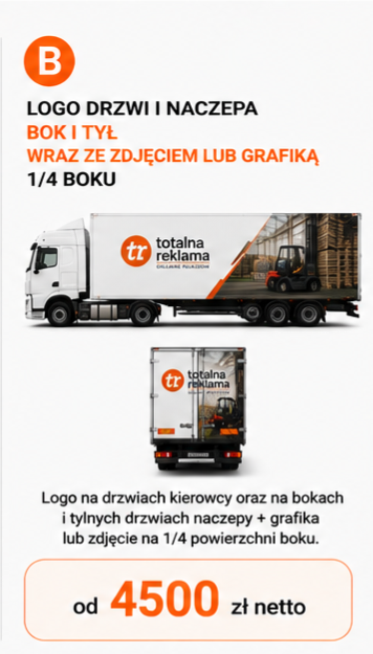 Oklejanie TIR wariant B – grafika do jednej czwartej boku naczepy