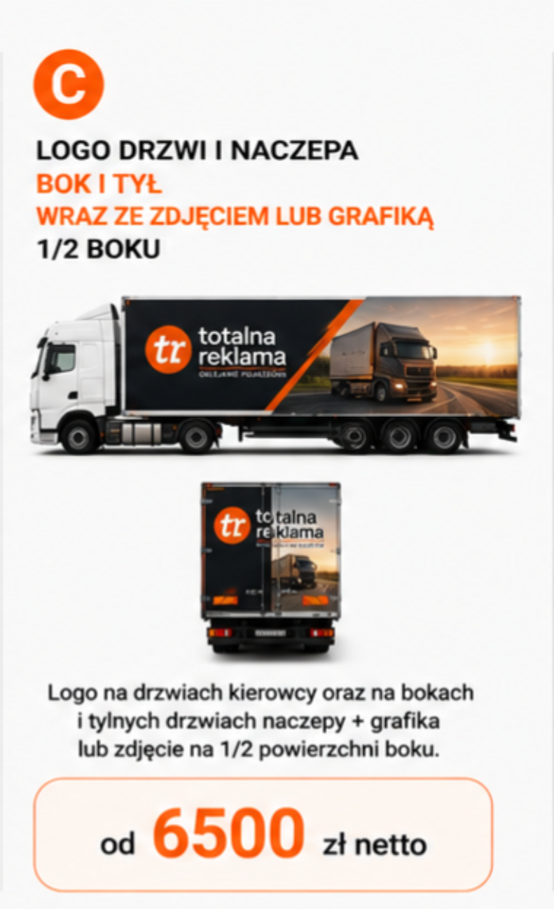 Oklejanie TIR wariant C – grafika do połowy boku naczepy