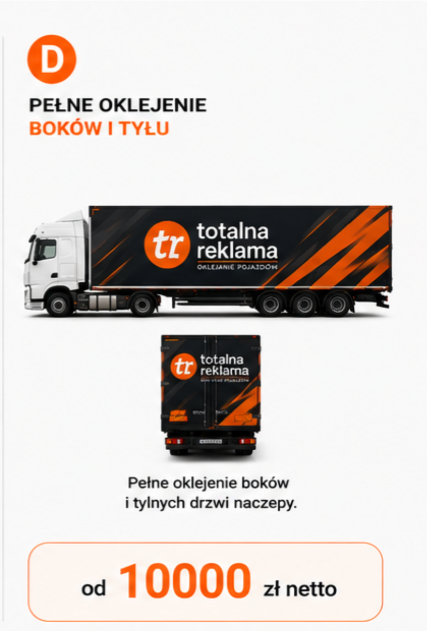Oklejanie TIR wariant D – pełne oklejenie boków i tyłu sztywnej naczepy